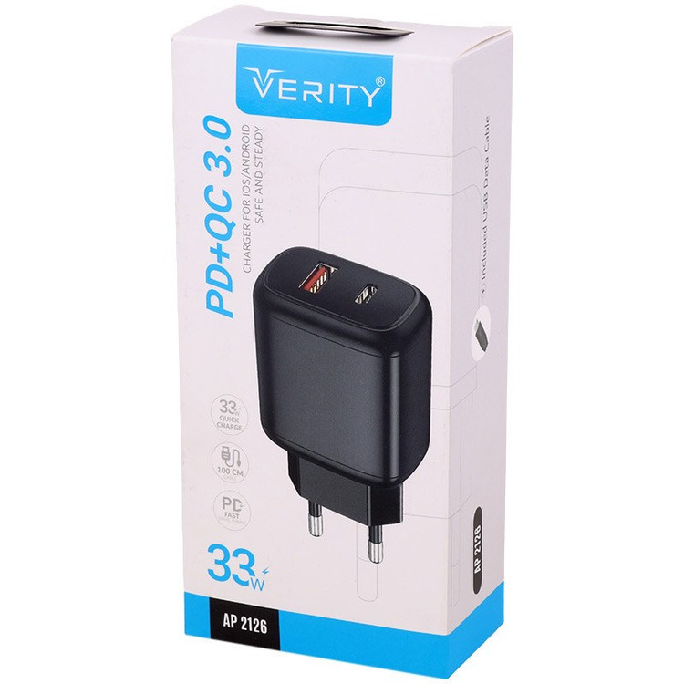 شارژر فست 33 واتی وریتی مدل Verity AP 2126 QC3.0 PD 3A 33W با کابل تایپ سی با گارانتی یک ساله