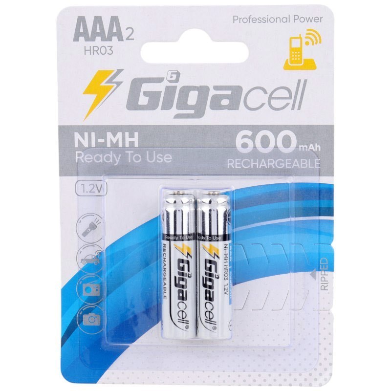 باتری شارژی نیم قلمی گیگاسل مدل Gigacell NI-MH HR03 AAA 600mAh بسته دو عددی