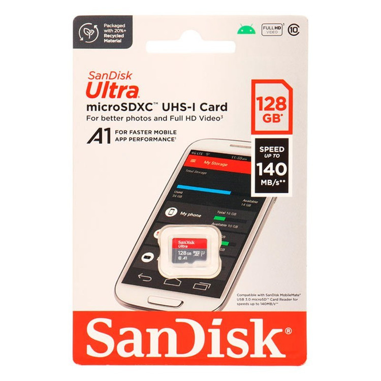 کارت حافظه 128 گیگ سن دیسک مدل SanDisk Ultra U1 A1 C10 140MB با گارانتی
