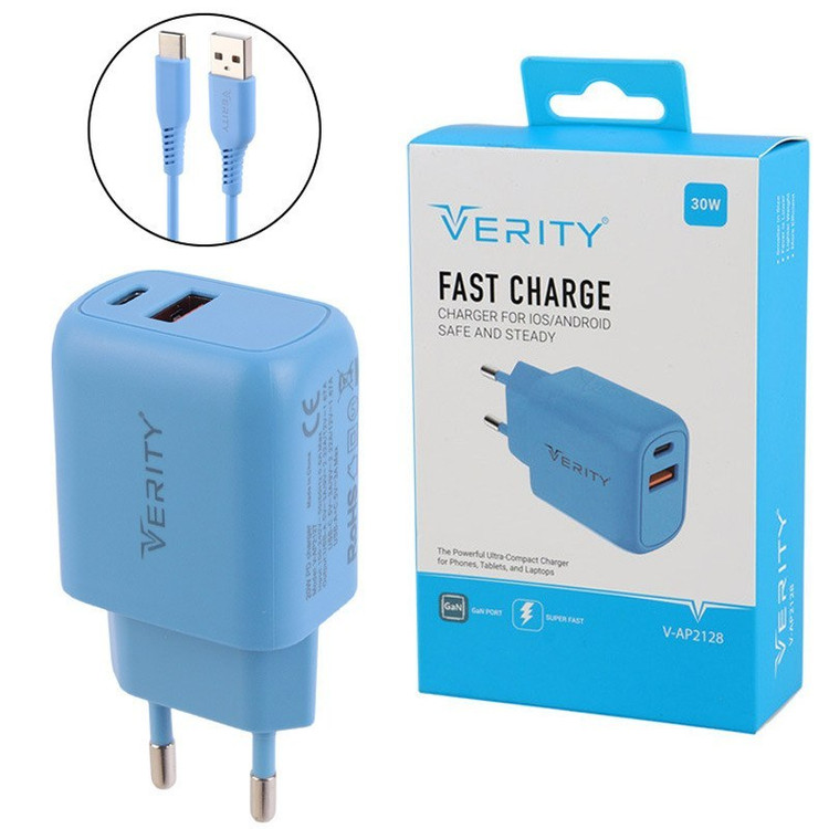 شارژر فست شارژ وریتی مدل Verity V-AP2128 با کابل تایپ سی با گارانتی