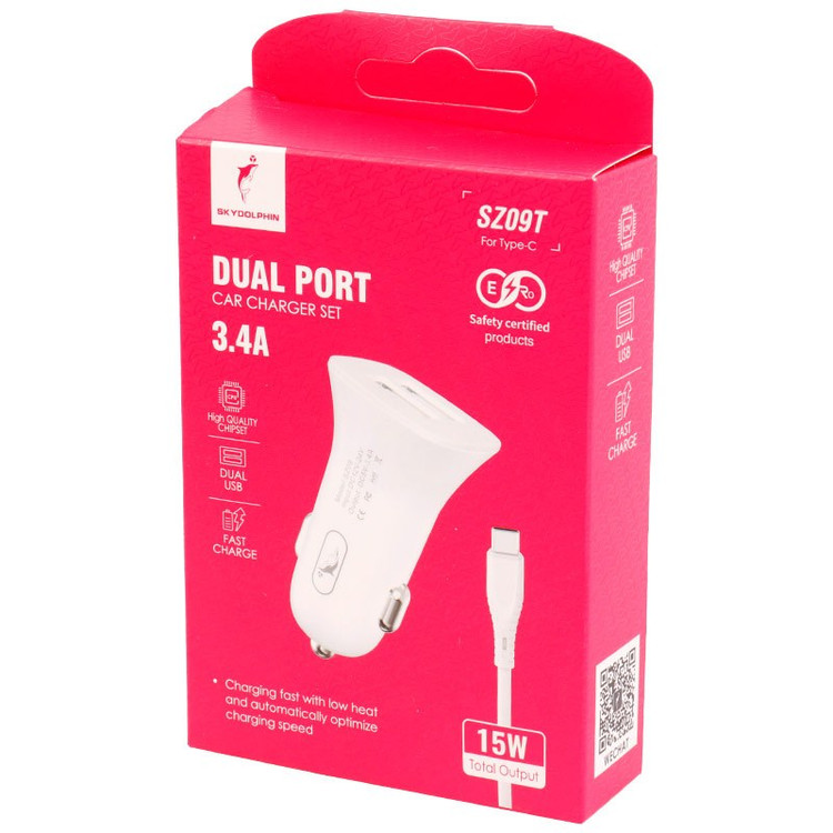 شارژر فندکی فست شارژ 3.4 آمپر 15w مدل Sky Dolphin SZ09T به همراه کابل تایپ سی