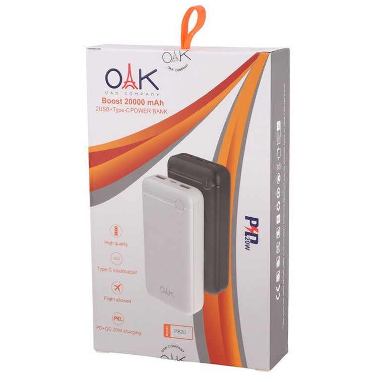 پاور بانک فست شارژ 20000 اوآک مدل OAK PB20 QC PD 20W گارانتی 6 ماهه