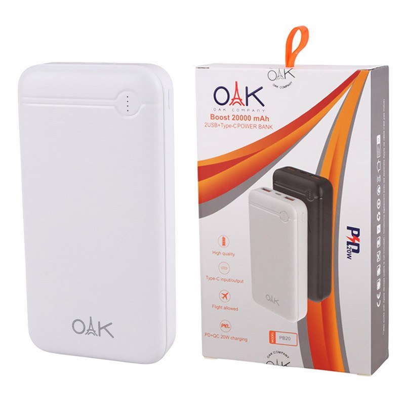 پاور بانک فست شارژ 20000 اوآک مدل OAK PB20 QC PD 20W گارانتی 6 ماهه