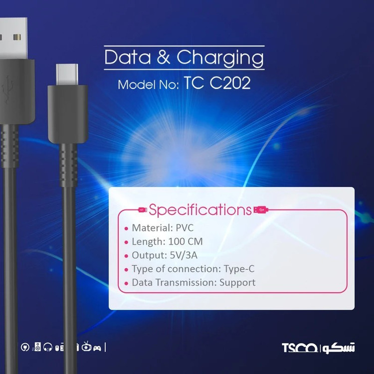 کابل شارژ تایپ سی فست شارژ تسکو مدل TSCO TC C202 با گارانتی