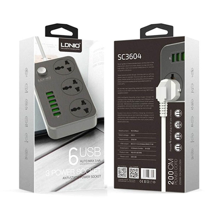 چند راهی برق الدینیو SC3604 با کابل 2 متری + شارژر USB با گارانتی 6 ماهه