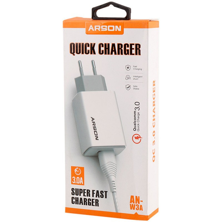 شارژر فست شارژ آرسون مدل Arson AN-W3A QC3.0 3A 15W با کابل آیفونی