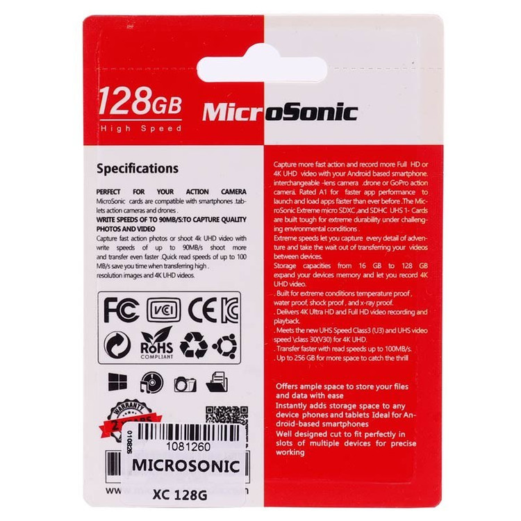 کارت حافظه 128 گیگ میکروسونیک مدل MicroSonic 533X A1 V30 U3 C10 با گارانتی