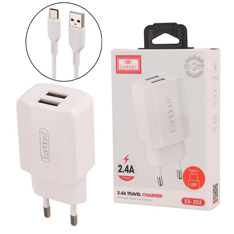 شارژر فست شارژ ارلدام Earldom ES-202 2Port 2.4A 12W با کابل تایپ سی