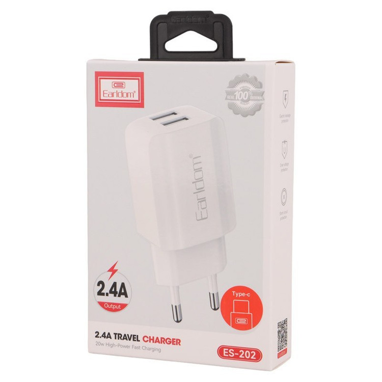 شارژر فست شارژ ارلدام Earldom ES-202 2Port 2.4A 12W با کابل تایپ سی